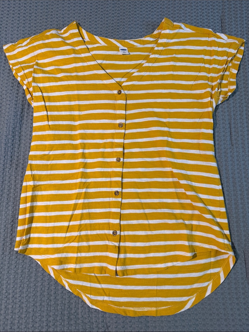 Old Navy Yellow & White Striped Button-Front V-Neck Top